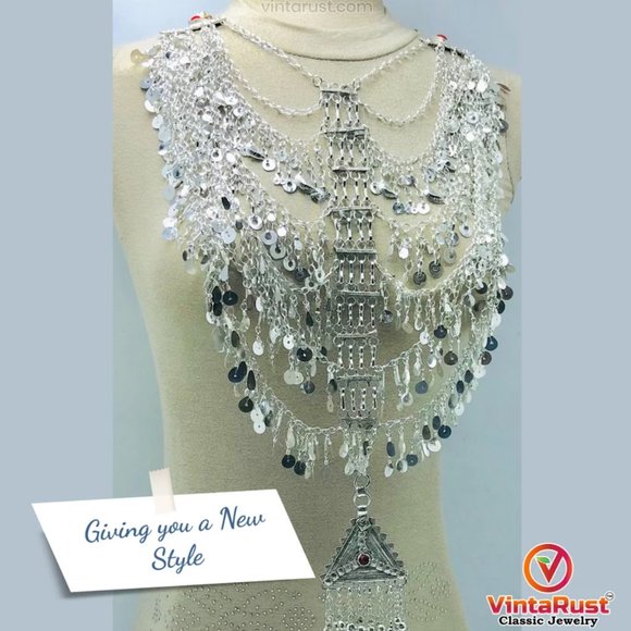 Multilayers Afghan Necklace, Tribal Afghani Necklace With Dangling Tassels - Picture 3 of 11